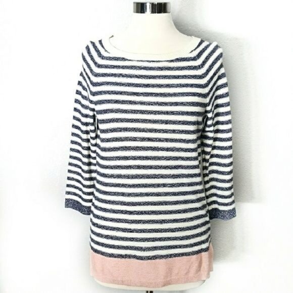 Talbots Striped Womens Sweater Medium Cotton/Viscose/Linen Blend White & Blue - Picture 7 of 7